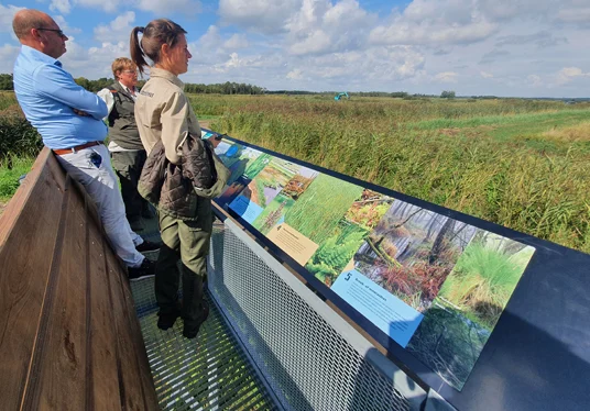 Kinderen ontdekken het landschap aan de hand van het paneel.