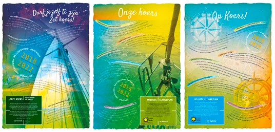 Iedere school krijgt een eigen vertaling binnen dezelfde grafische familie.