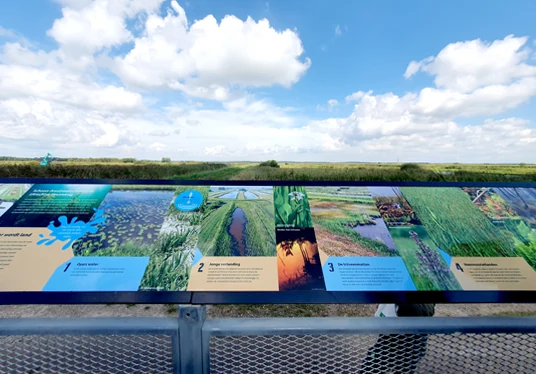 Het panorama en de informatie komen samen op de loopbrug.
