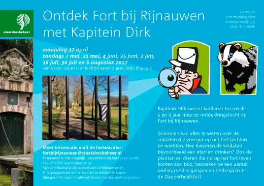 Een activiteitenflyer nodigt uit om het fort te ontdekken met Kapitein Dirk.