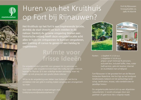 Een flyer presenteert de mogelijkheden van het Kruithuis.