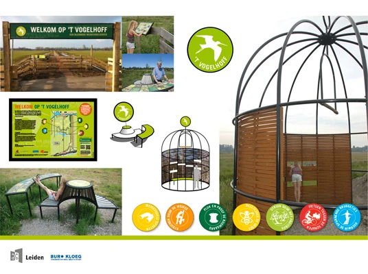 Een overzicht van de entree, vogelkooi-kijkhut, zitplekken en beeldtaal voor ’t Vogelhoff.