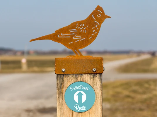 Een kuifleeuwerik op de routepaal wijst fietsers de weg.
